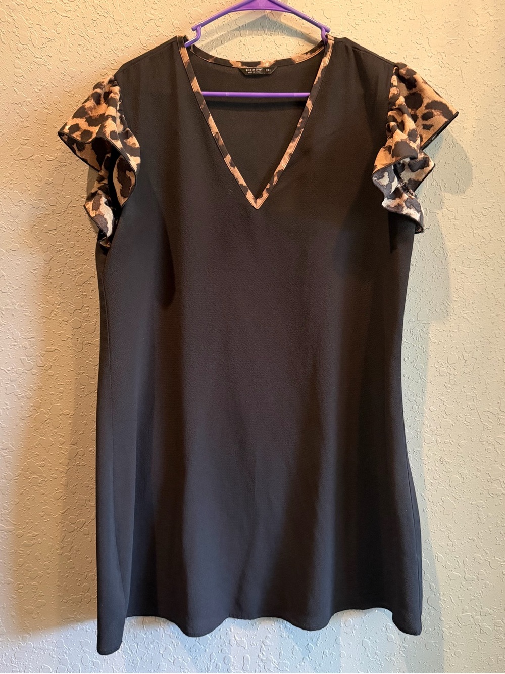 Black V-Neck Dress with Leopard-Trim Flutter Sleeves